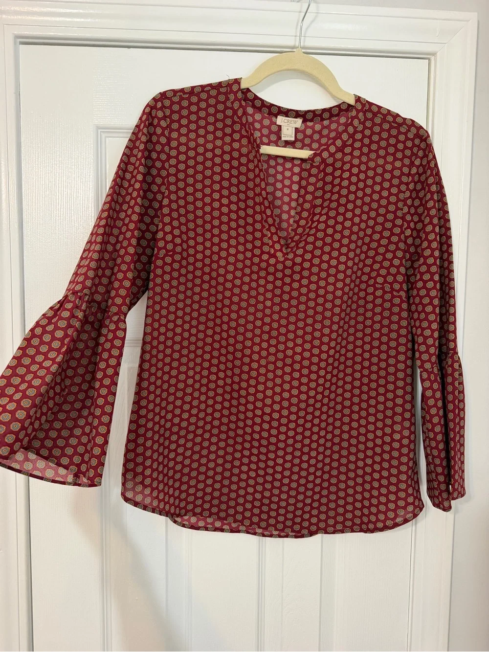 J. Crew Burgundy Printed V-Neck Bell Sleeve Blouse
